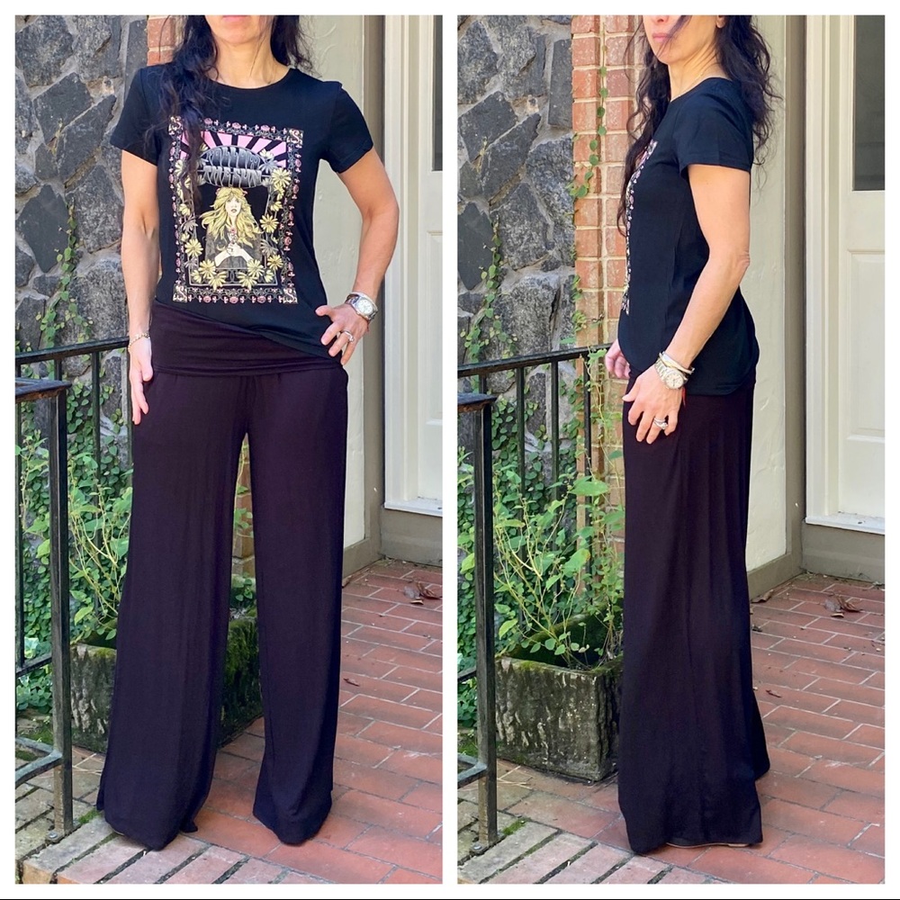 Black Wide leg Fold Waist Pants With Side pockets - Picture 7 of 8